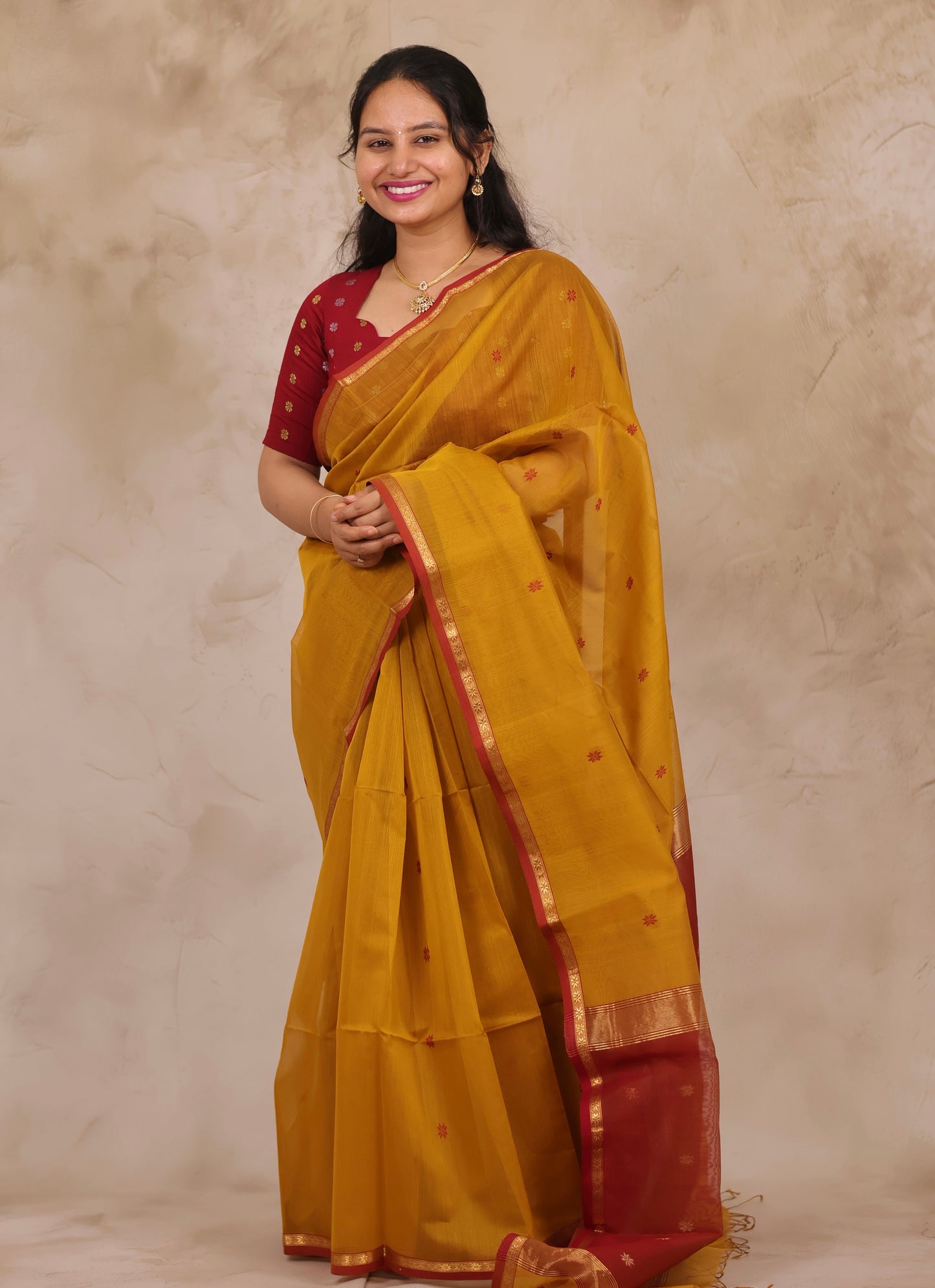 Mustard Handloom Maheswari Silk Cotton Sarees | Looms & Tassels