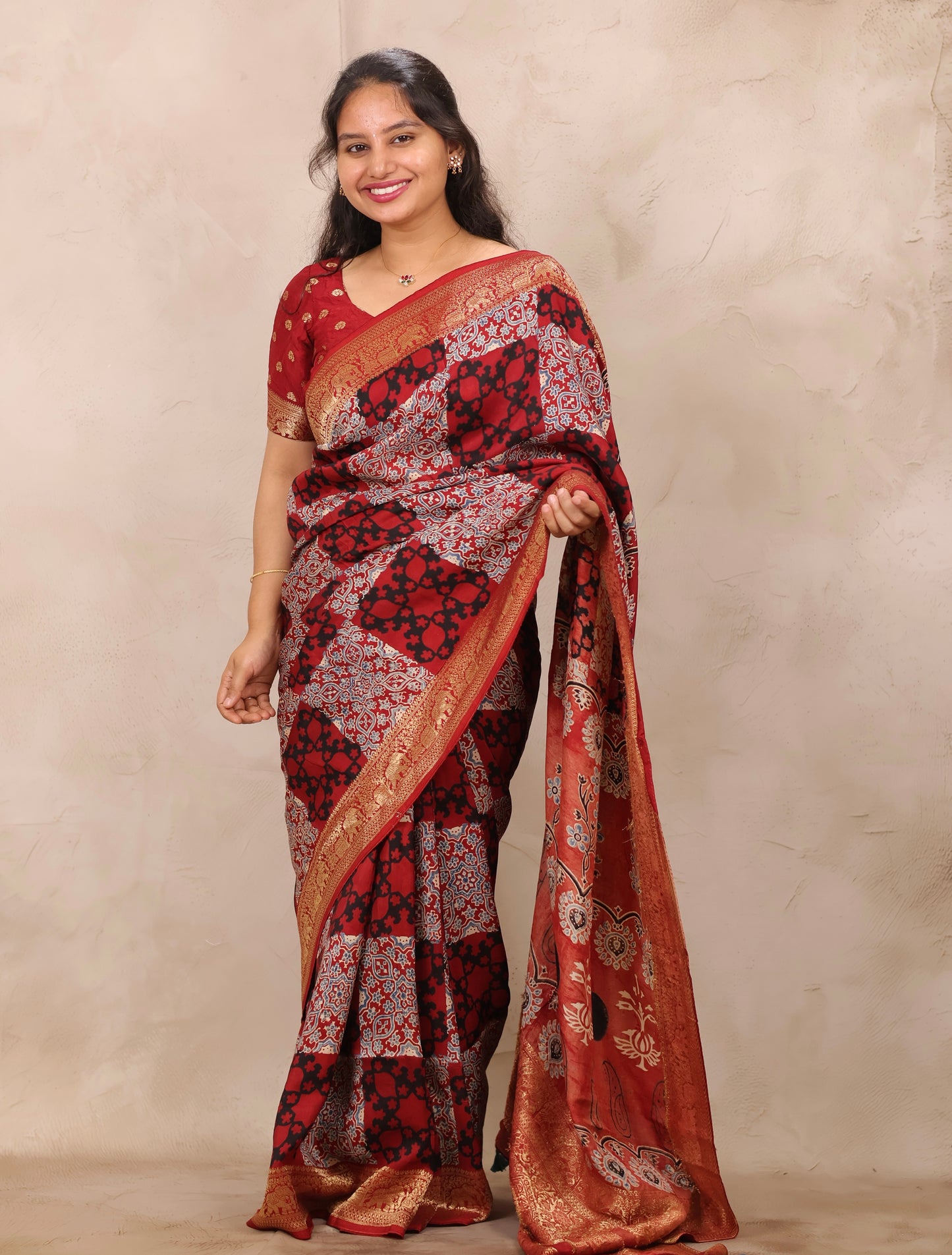 Red Ajrakh Handblock printed Dola Silk Saree | Looms & Tassels