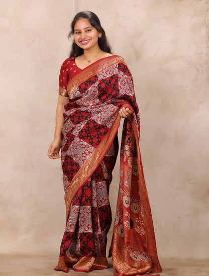 Red Ajrakh Handblock printed Dola Silk Saree | Looms & Tassels