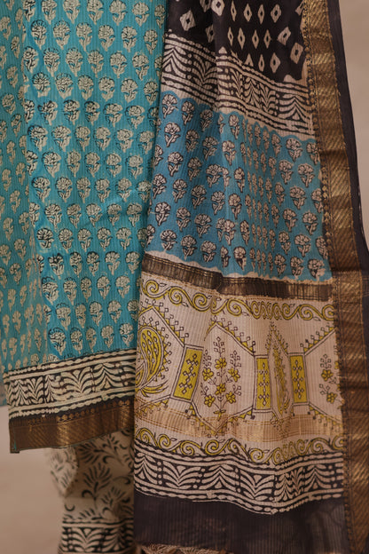 Powder Blue Handblock printed Pure Maheswari Silk 3 piece suit (stitched)