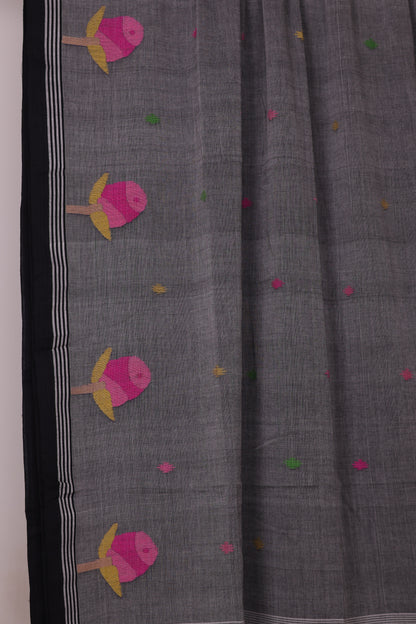 Grey Pure Handwoven Jamdhani Malai Cotton Saree