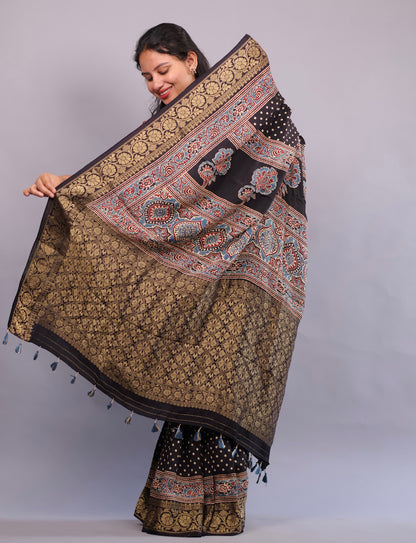 Black Polka Dots Ajrakh Handblock printed Dola Silk Saree | Looms & Tassels