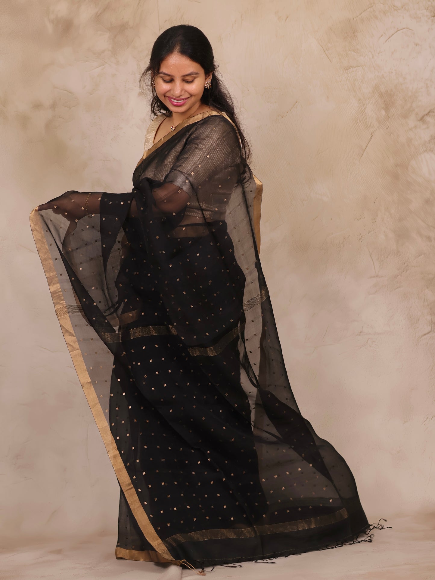 Black Handwoven Muslin Silk Saree With Sequence Work | Looms & Tassels