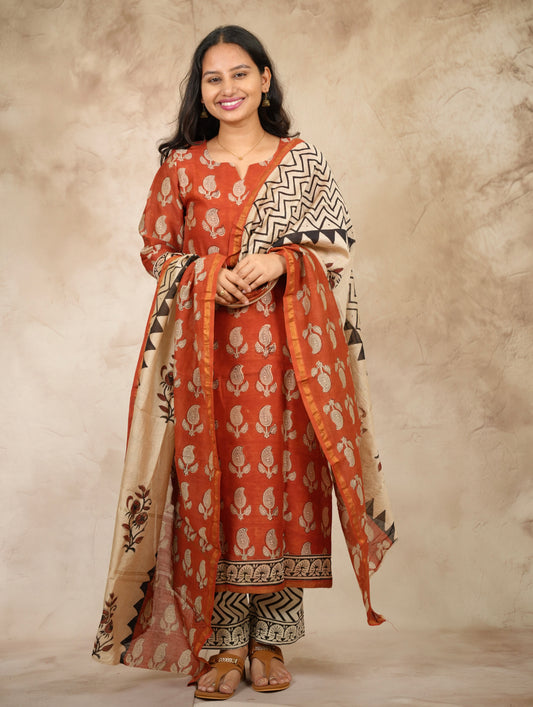 Maroon Handblock printed Pure Chenderi Silk 3 piece suit (stitched) |  Looms & Tassels