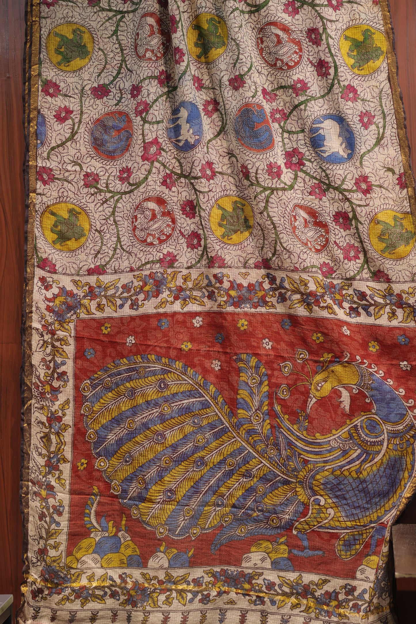 Pure Kota Doria Saree with Bagru Handblock Prints – Cream | Looms&Tassels