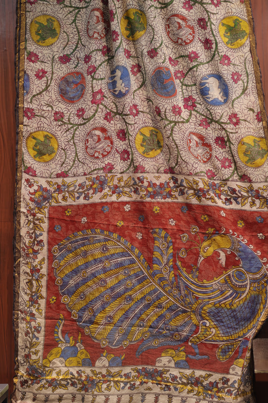 Pure Kota Doria Saree with Bagru Handblock Prints – Cream | Looms&Tassels