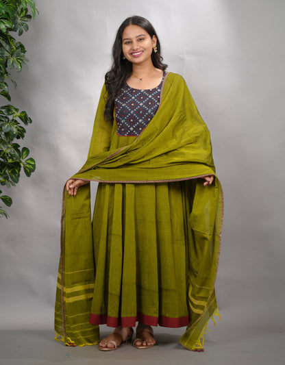 Green Ajrakh Patch Work Narayanpet Cotton Anarkali Dress with Narayanpet Dupatta | Looms & Tassels