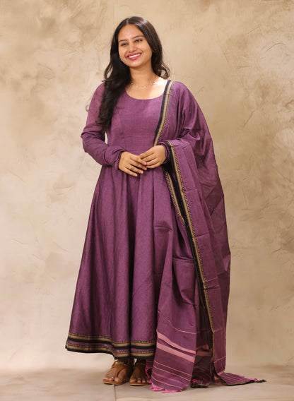 Lavender Narayanpet Cotton Anarkali Dress with Narayanpet Dupatta | Looms & Tassels