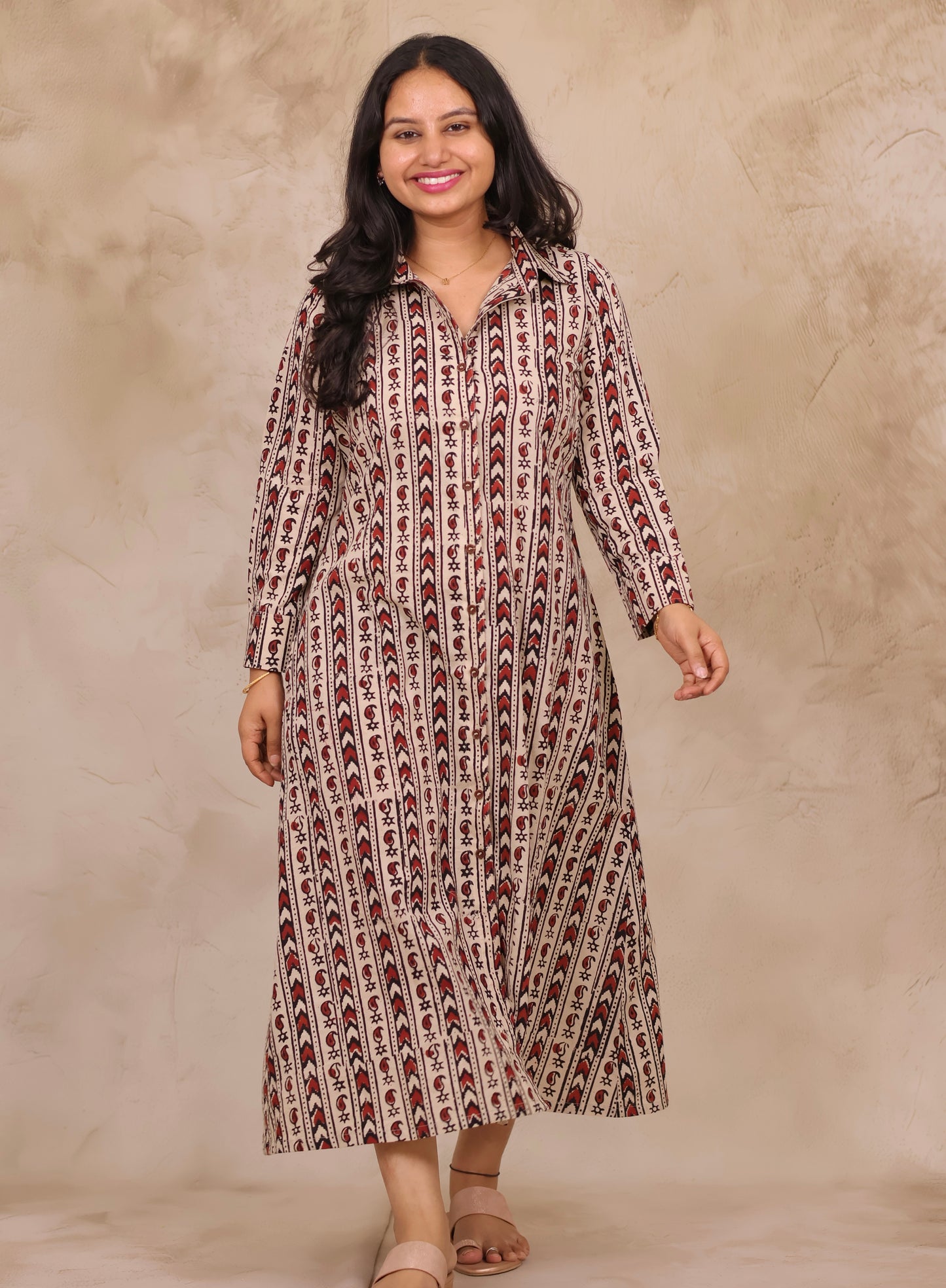 Cream Hand Block Printed Pure Mul Cotton A-Line Shirt Dress | Looms & Tassels