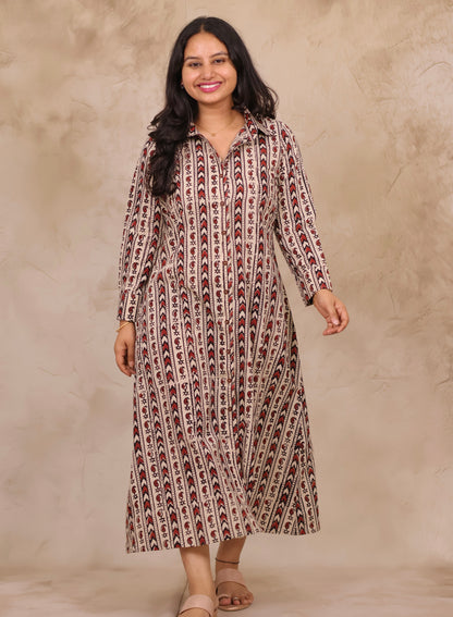 Cream Hand Block Printed Pure Mul Cotton A-Line Shirt Dress | Looms & Tassels
