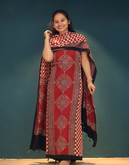 Red Handblock printed Ajrakh modal silk 2 piece suit set