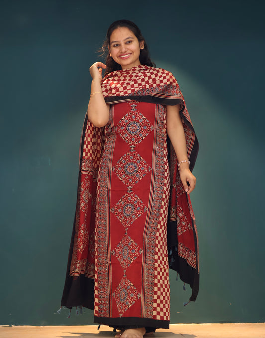 Red Handblock printed Ajrakh modal silk 2 piece suit set