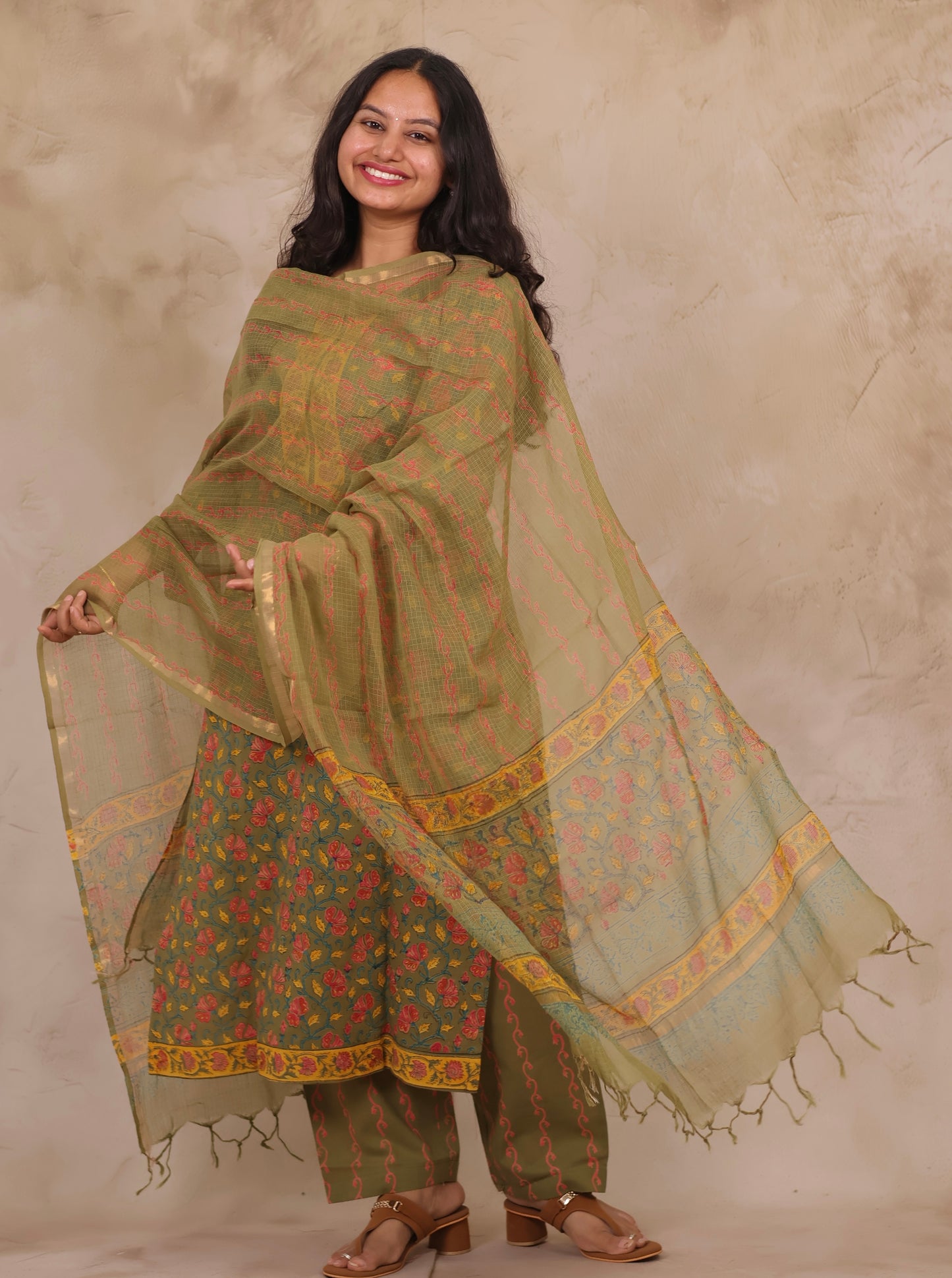 Mehendi Green Handblock printed Pure Mul Cotton with Kota Doria Duppata 3 piece suit (stitched)