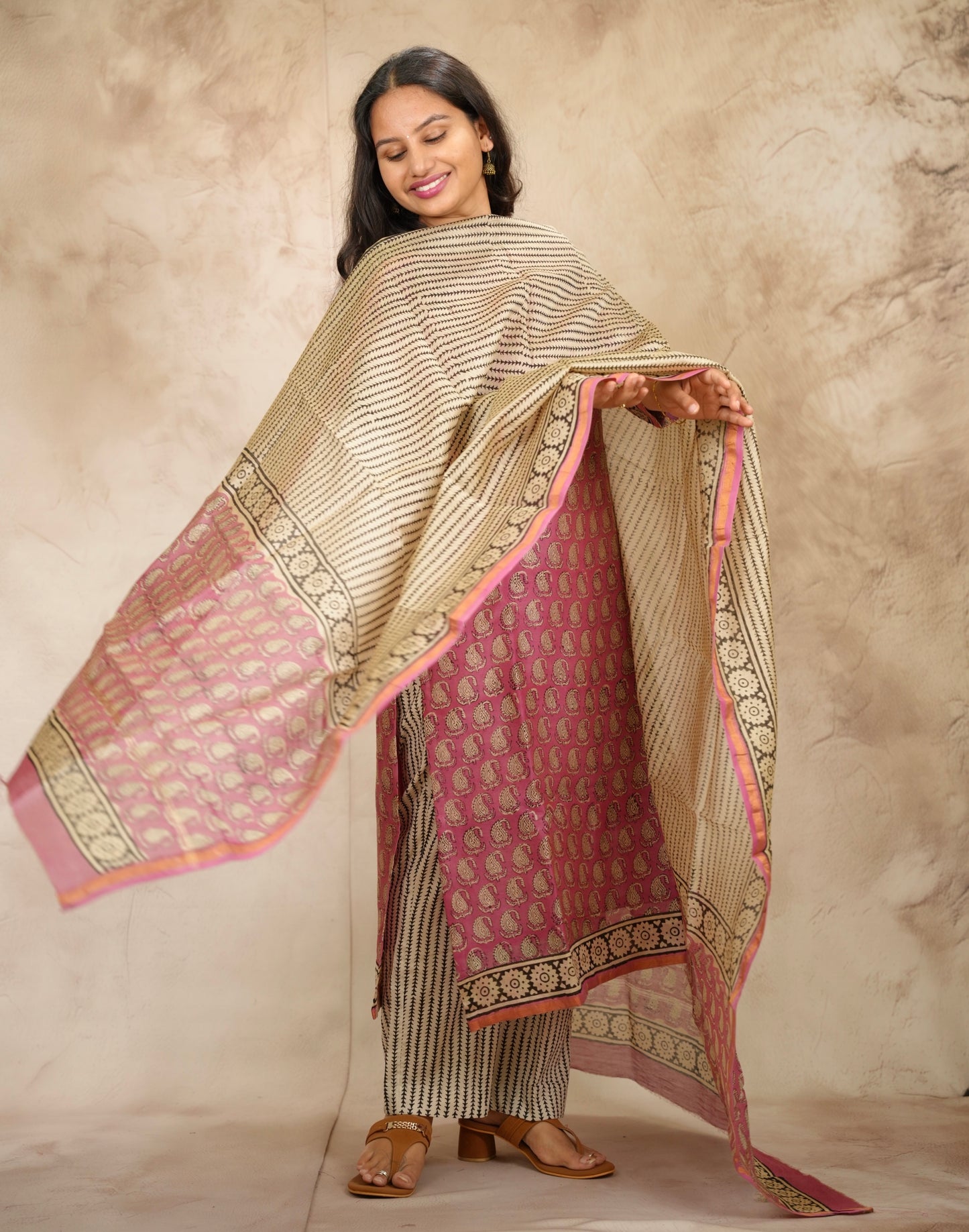 Pink Handblock printed Pure Chenderi Silk 3 piece suit (stitched) | Looms & Tassels