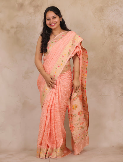 Peach Handcrafted Pattern Bandhani Paithani Dola Silk Saree | Looms & Tassels