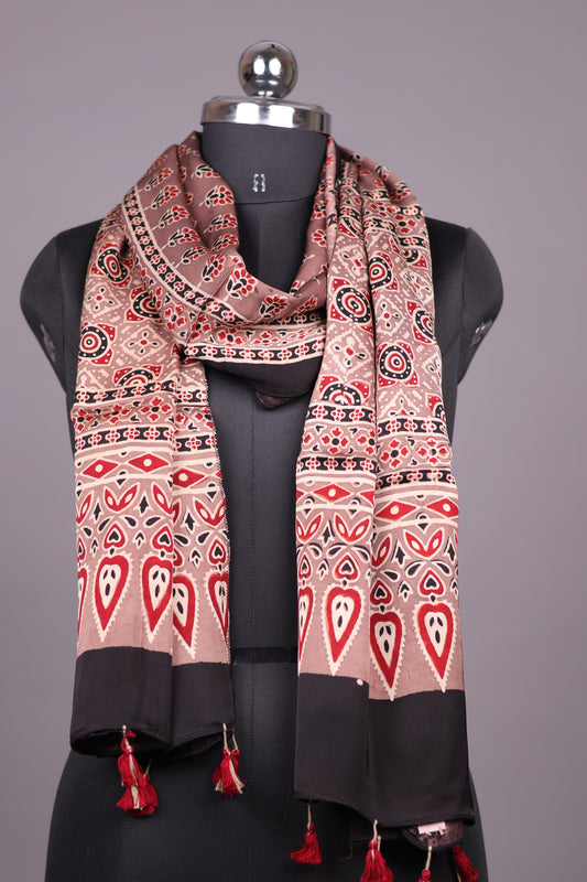 Ajrakh Hand Block Printed Modal Silk Stole | Looms & Tassels