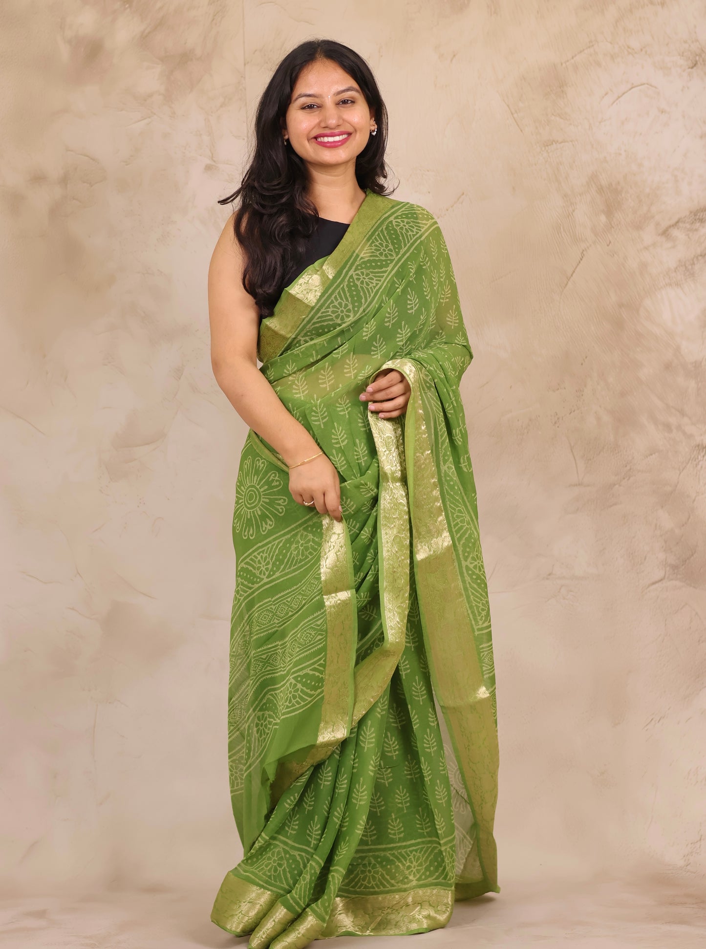 Green Chiffon Hand Block Printed Saree with Jari Border | Looms & Tassels