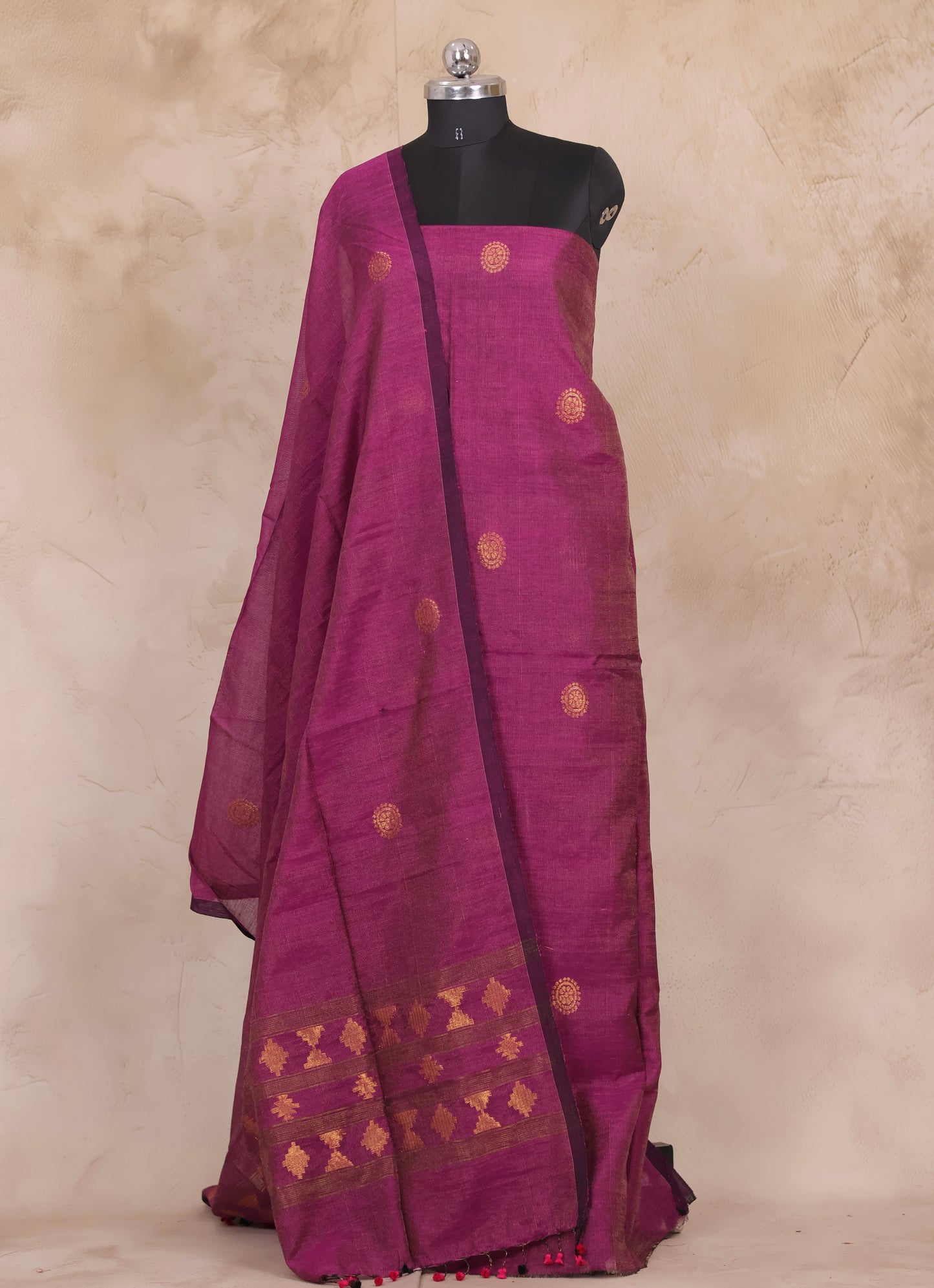 Magenta Handwoven Jamdhani weaving Tissue Linen 2 piece suit sets | Looms & Tassels