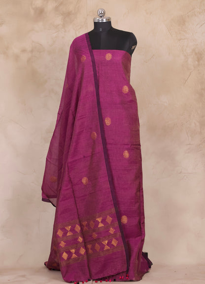 Magenta Handwoven Jamdhani weaving Tissue Linen 2 piece suit sets | Looms & Tassels