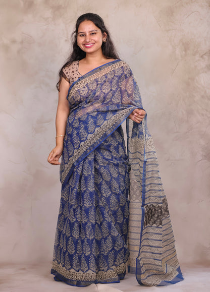 Blue Pure Kota Doria Saree with Bagru Handblock Prints | Looms & Tassels