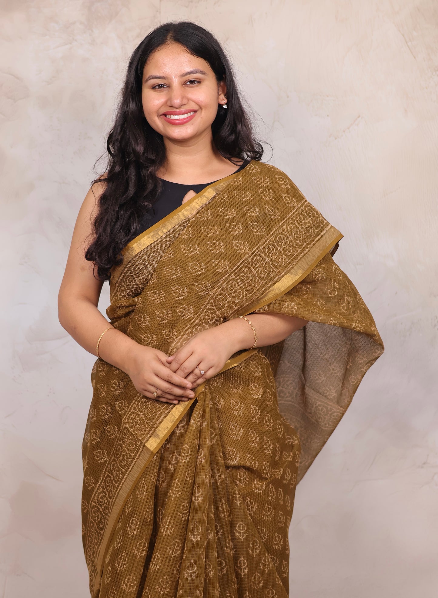 Mustard Pure Kota Doria Saree with Bagru Handblock Prints | Looms & Tassels