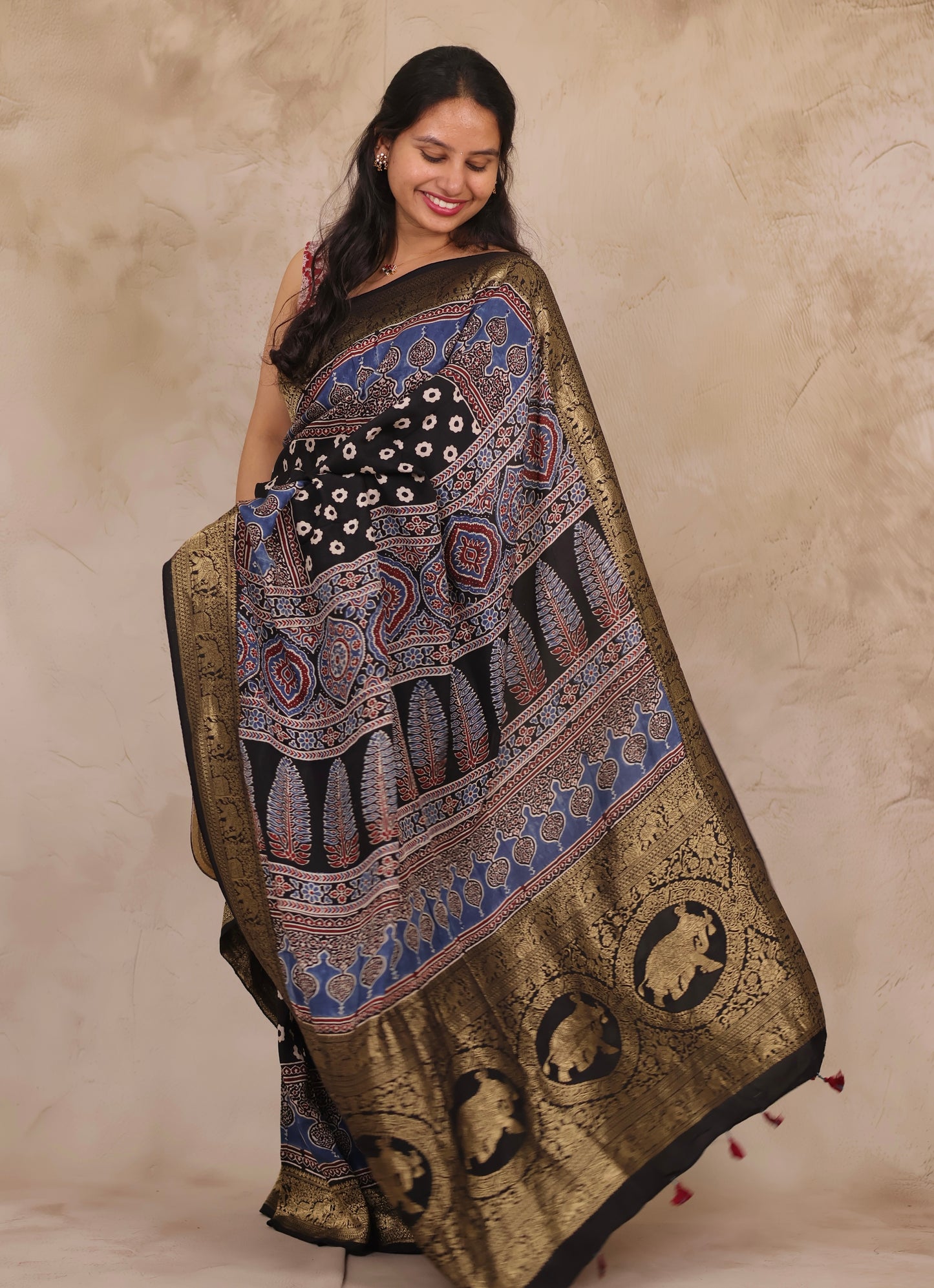 Black Ajrakh Handblock printed Dola Silk Saree | Looms & Tassels