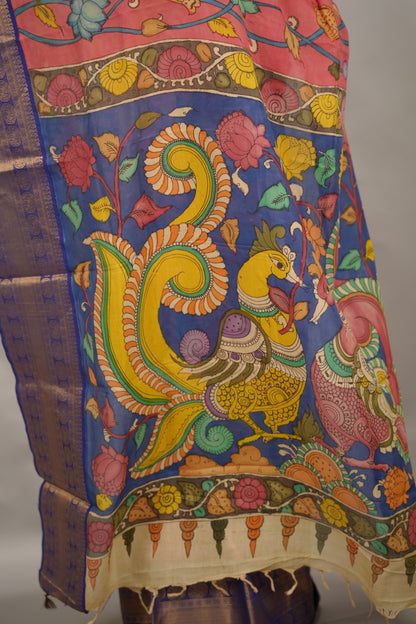 Peach Hand Drawn Pen Kalamkari Bangalore Silk Kanchi Border Saree | Looms & Tassels