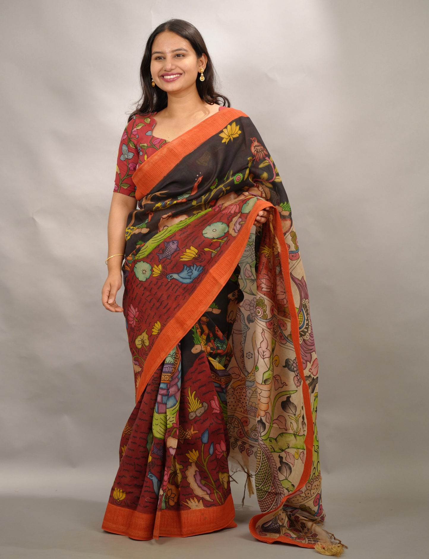 Black Hand Drawn Pen Kalamkari Bangalore Silk Gicha Border Saree | Looms & Tassels