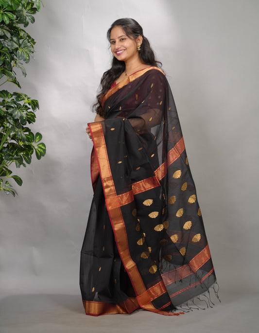 Black Handloom Maheswari Silk Cotton Sarees | Looms & Tassels