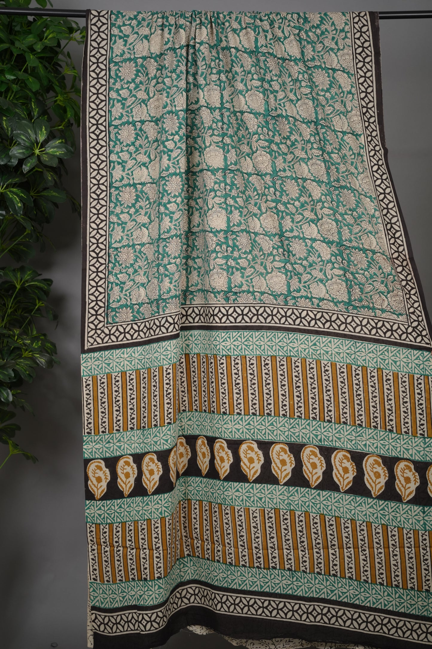 Green Bagru Handblock printed MulMul cotton saree | Looms & Tassels