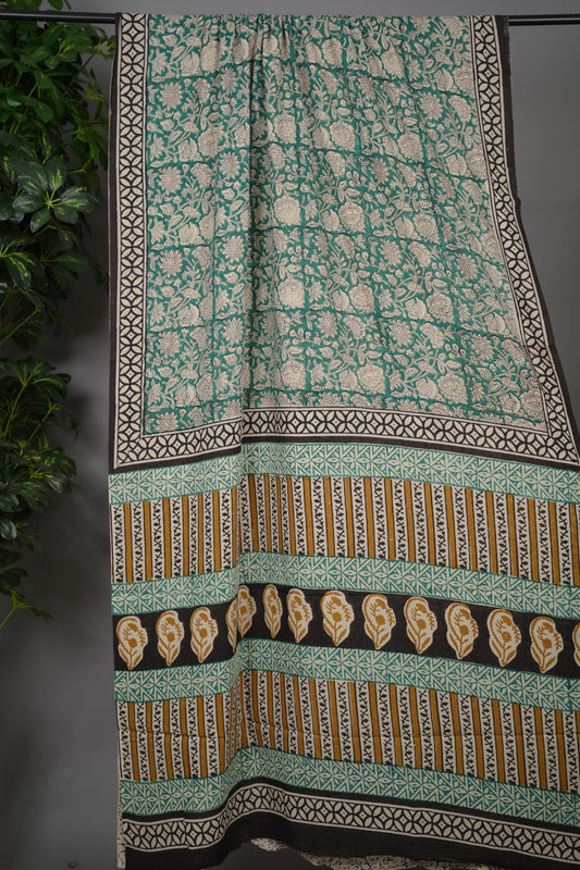 Green Bagru Handblock printed MulMul cotton saree | Looms & Tassels
