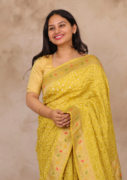 Lemon Yellow Handcrafted Bandhani Paithani Dola Silk Saree | Looms & Tassels