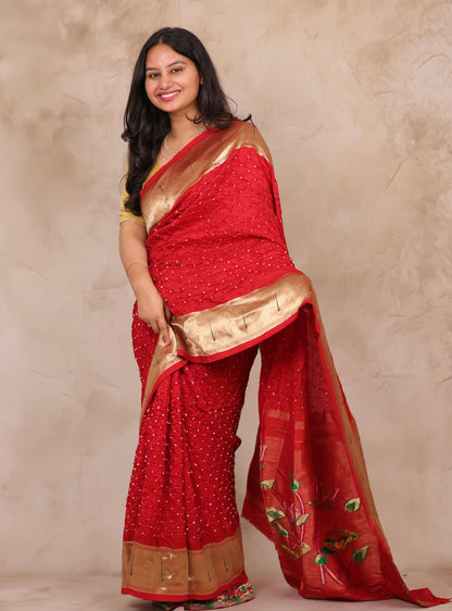 Red Handcrafted Bandhani Paithani Dola Silk Saree | Looms & Tassels