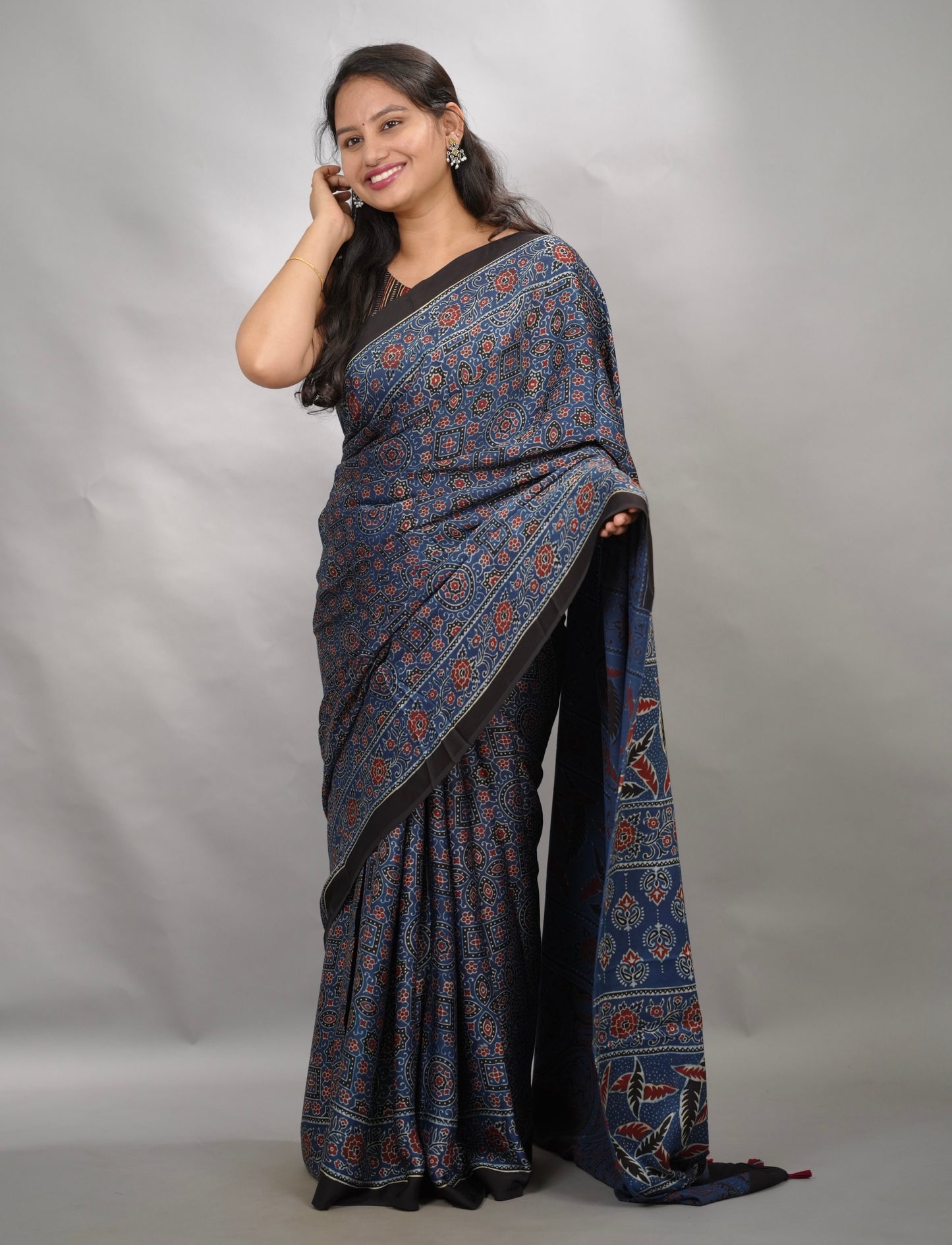 Indigo Blue Authentic Ajrakh Handblock Printed Modal Silk Saree | Looms & Tassels