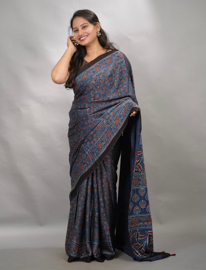 Indigo Blue Authentic Ajrakh Handblock Printed Modal Silk Saree | Looms & Tassels