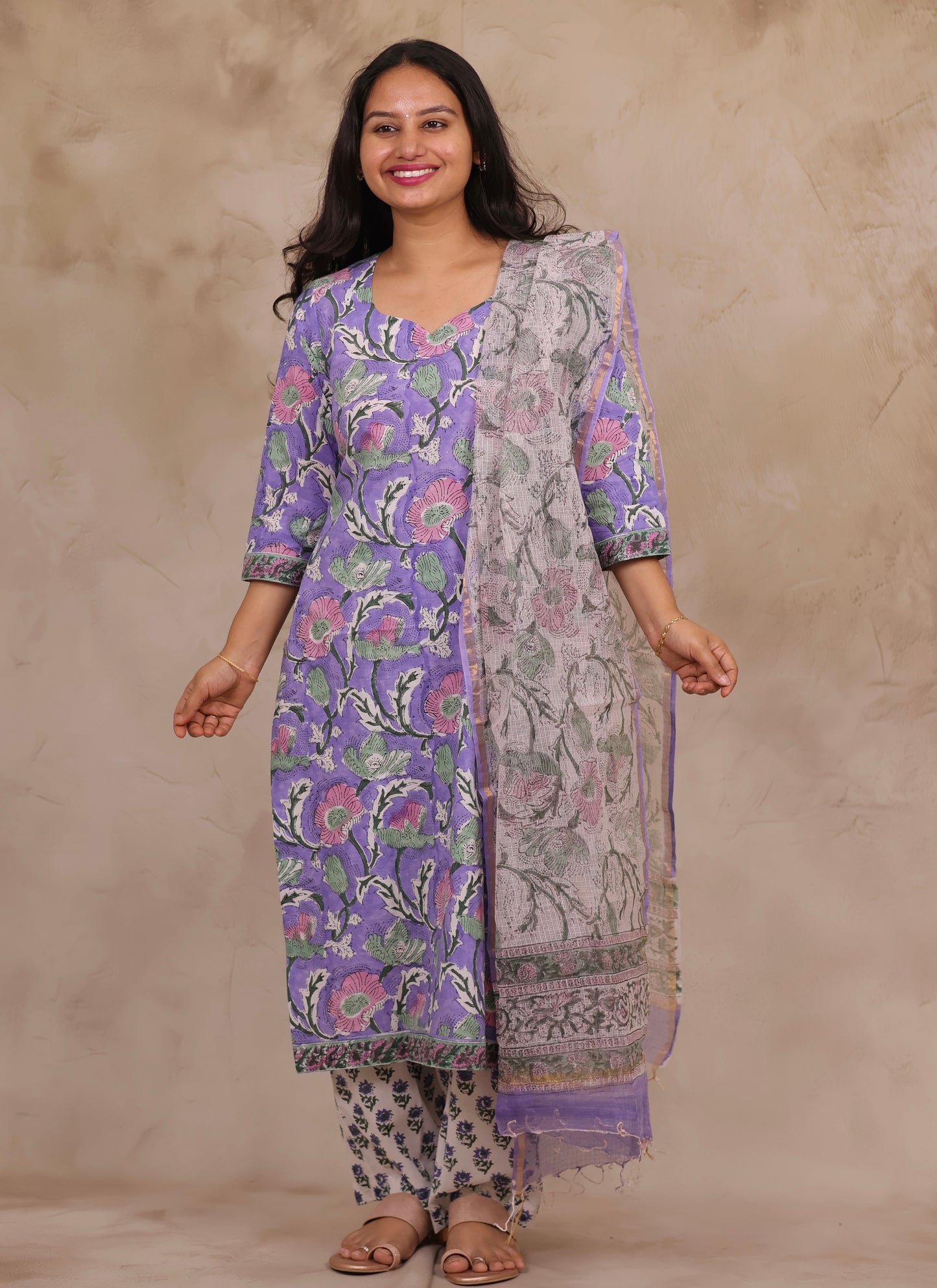 Lavender Handblock printed Pure Mul Cotton with Kota Doria Duppata 3 piece suit (stitched)