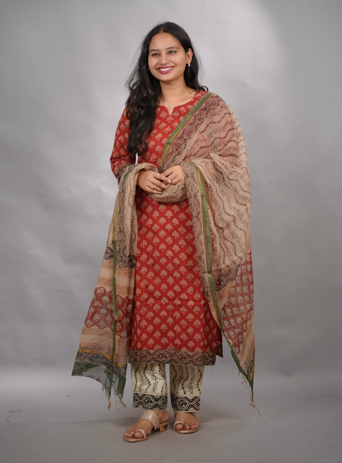 Maroon Handblock printed kota 3 piece suit (stitched)| Looms & Tassels