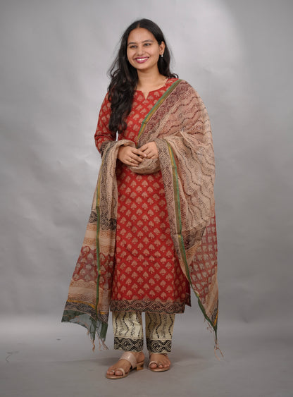 Maroon Handblock printed kota 3 piece suit (stitched)| Looms & Tassels