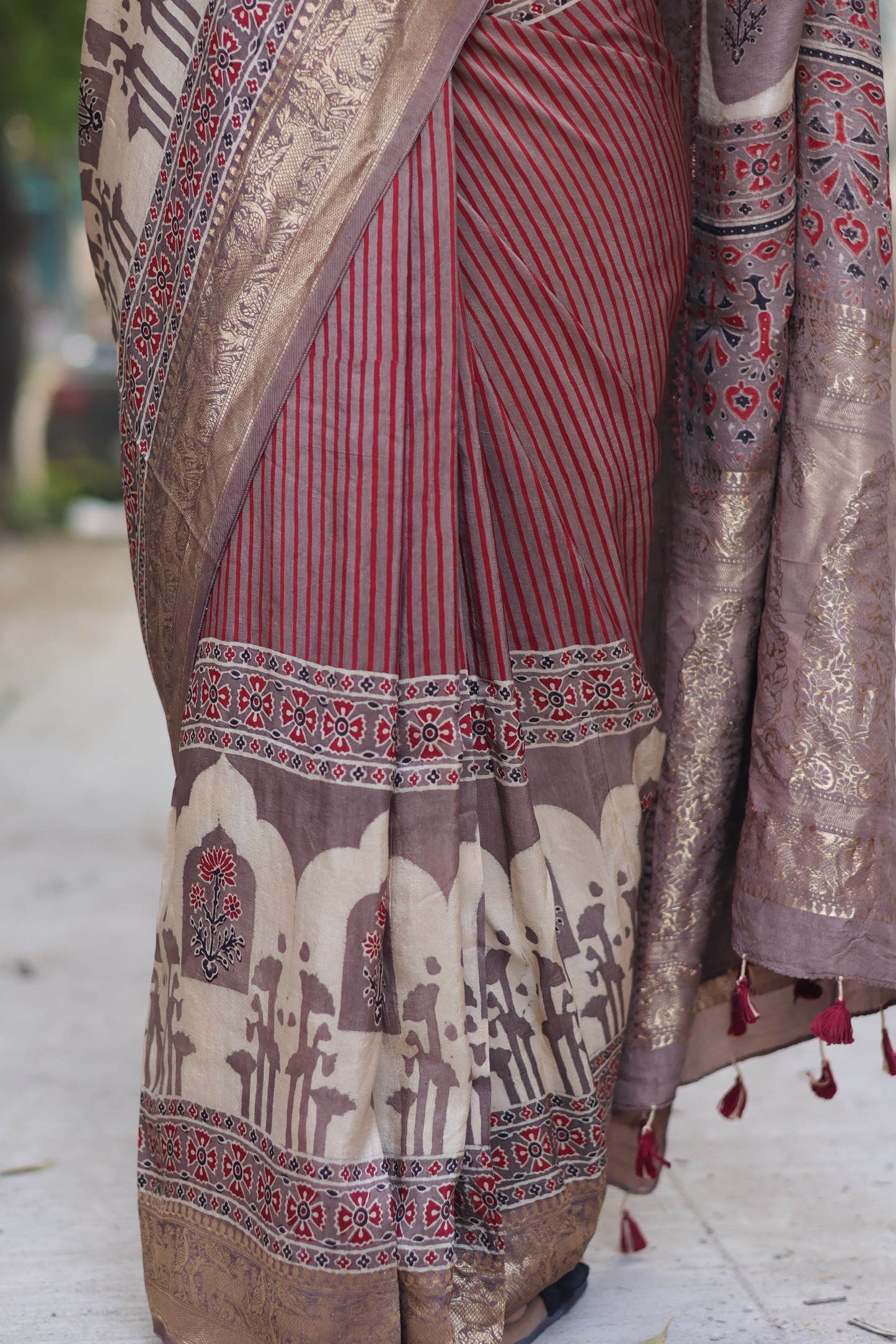 Contemporary Ajrakh Handblock Printed Dola Silk Saree