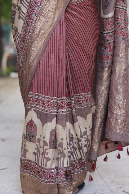 Contemporary Ajrakh Handblock Printed Dola Silk Saree
