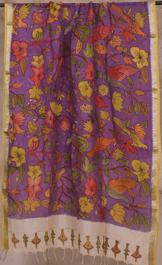Lavender Pen Kalamkari Mangalagiri silk Dupatta