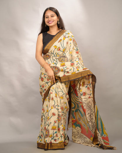 Cream Kalamkari Nizam Border Chennur Silk Saree | Looms & Tassels