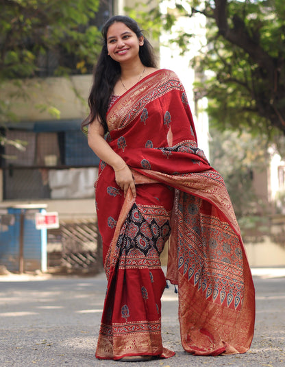Red & Black Authentic Ajrakh Handblock Printed Dola Silk Saree | Looms & Tassels