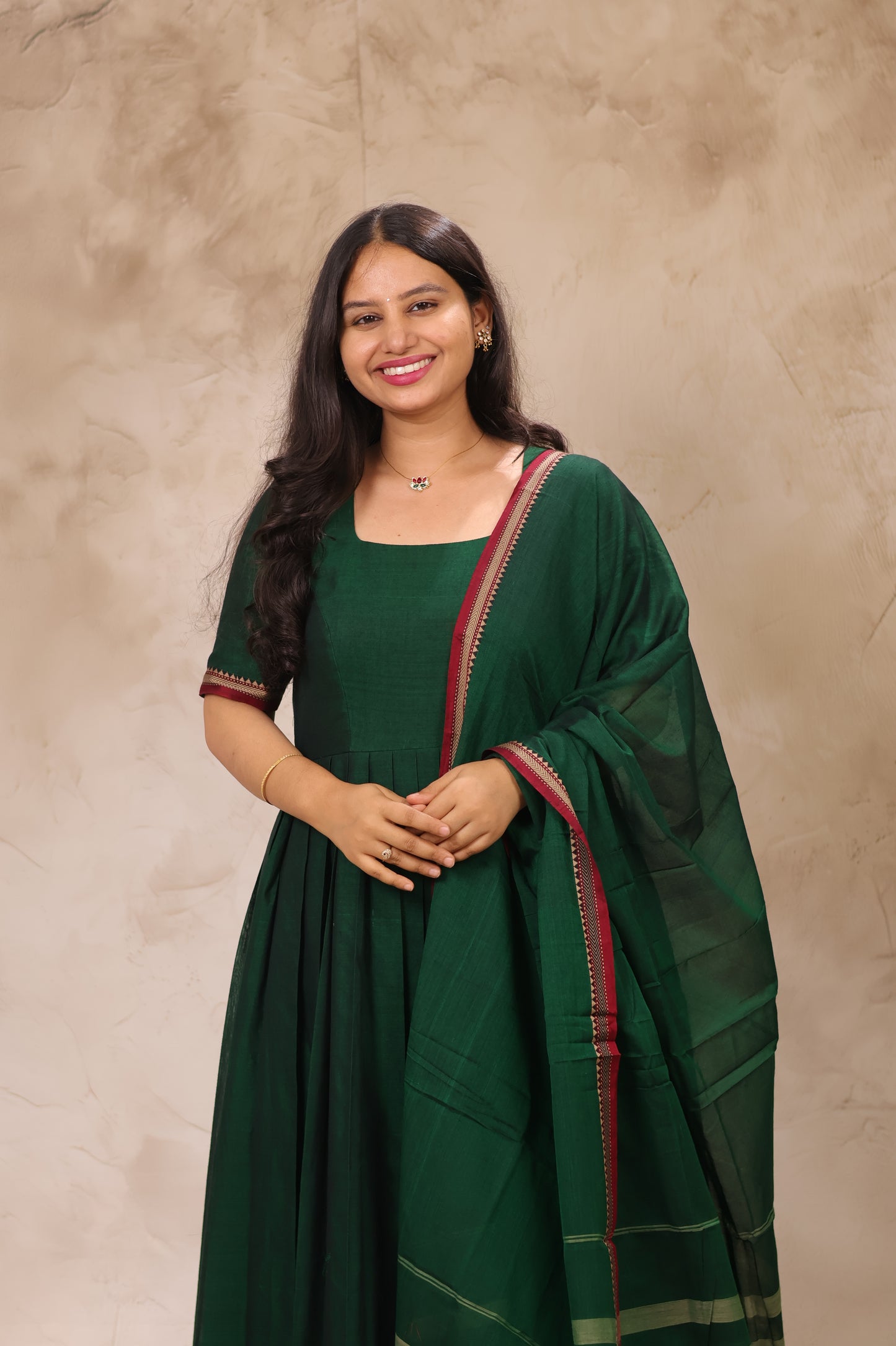 Green Narayanpet Cotton Anarkali Dress with Narayanpet Dupatta | Looms & Tassels