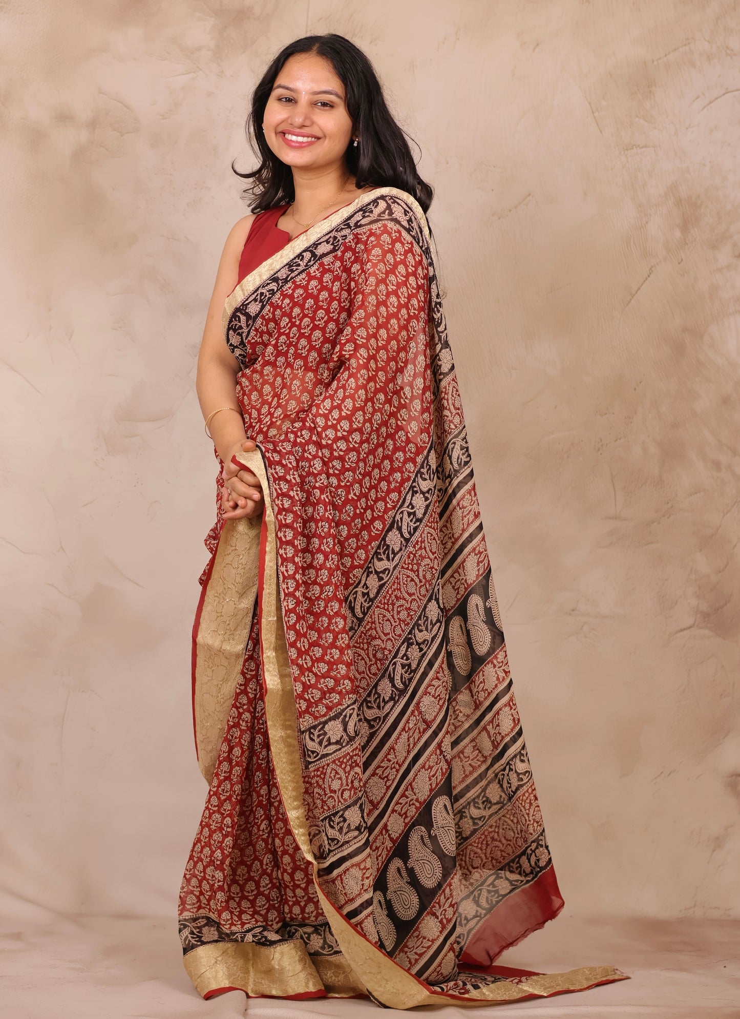 Maroon Chiffon Hand Block Printed Saree with Jari Border | Looms & Tassels