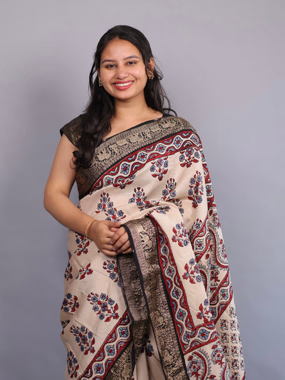 Cream Flower Butta Ajrakh Handblock printed Dola Silk Saree | Looms & Tassels