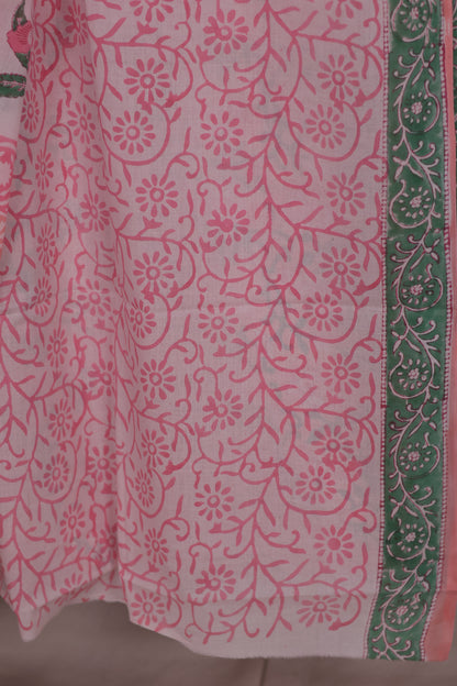 Dusty Rose Pink And Green Bagru Handblock printed MulMul cotton saree