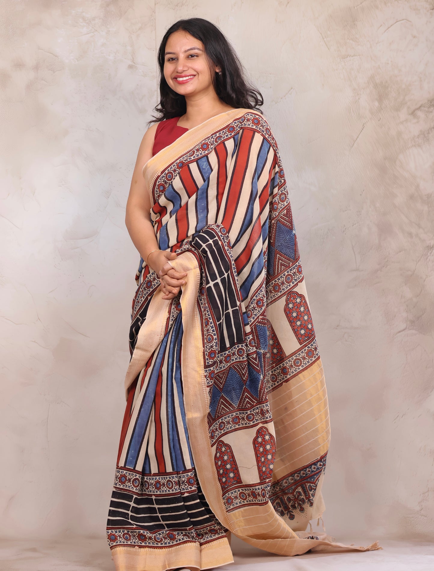 Cream Ajrakh Hand Block Printed Mangalagiri Cotton Saree | Looms & Tassels
