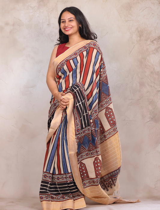 Cream Ajrakh Hand Block Printed Mangalagiri Cotton Saree | Looms & Tassels