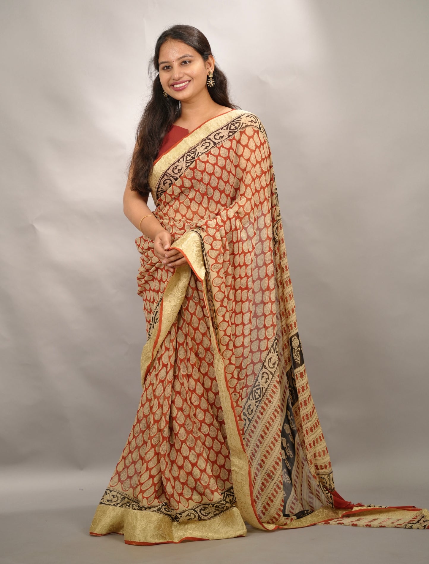 Red Chiffon Hand Block Printed Saree with Jari Border | Looms & Tassels